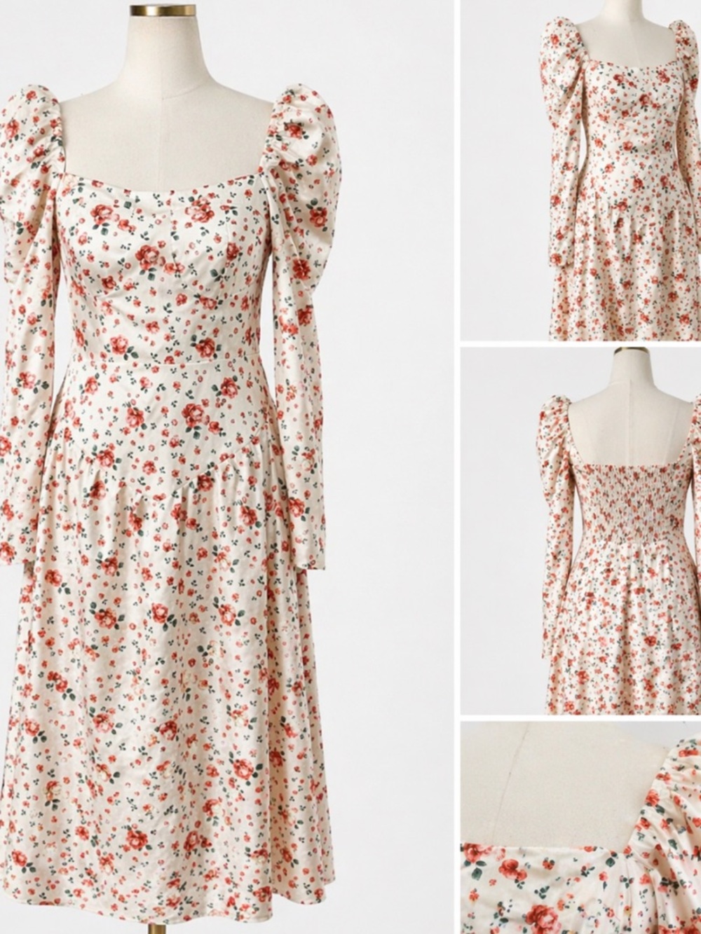 Square-Neck Floral Midi Dress in Cream with Red Roses